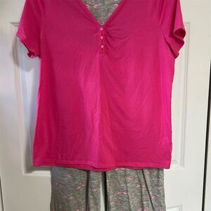 Laura Scott Women's Pink Flamingo Print Henley Top & Pants Set Size L